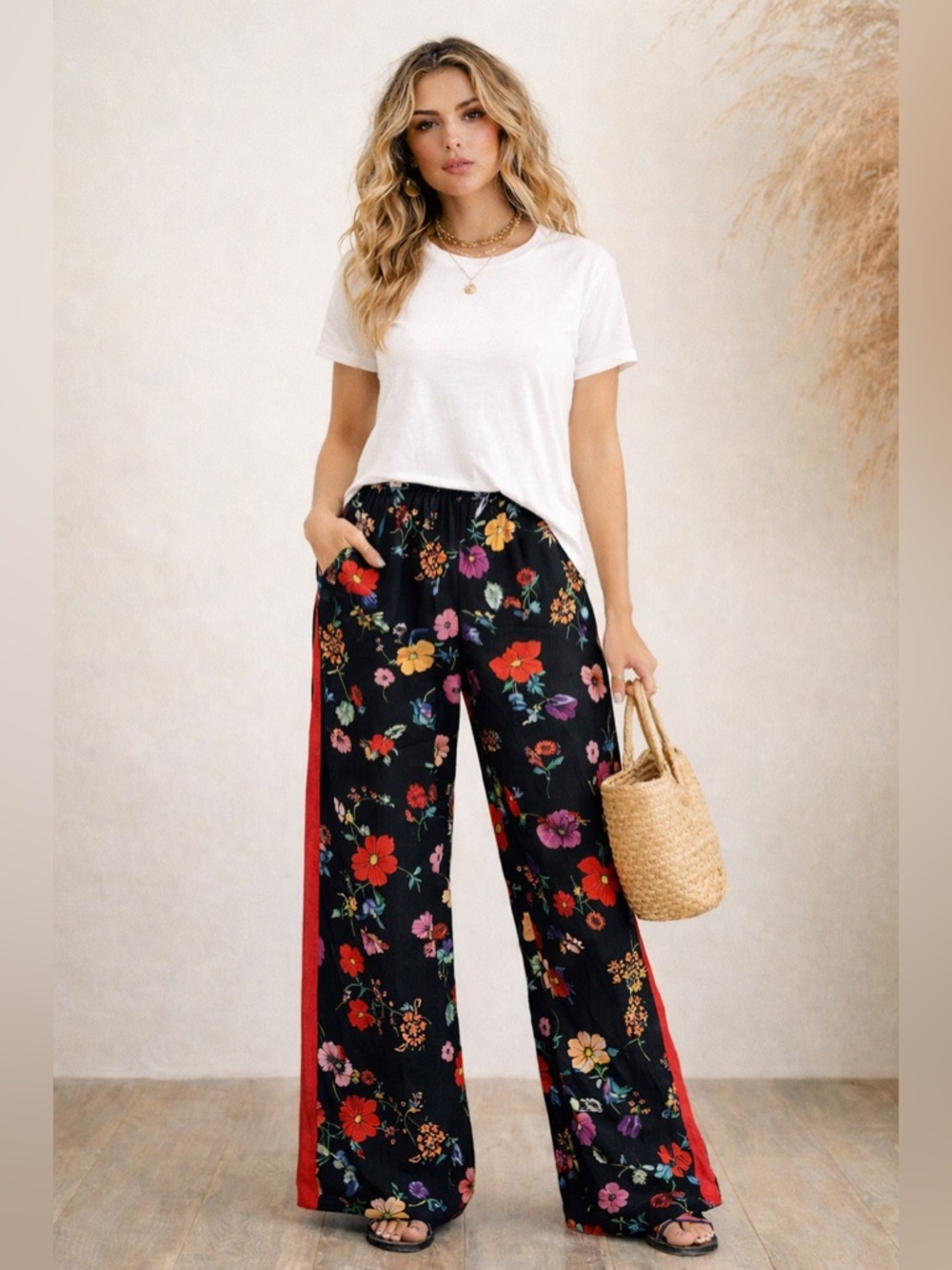 Wide Leg Floral Track-Stripe Pants in Black